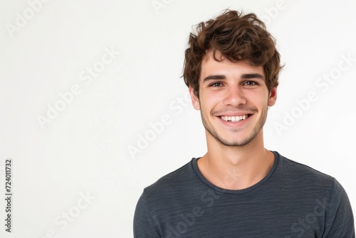 Portrait of a handsome young man smiling at the camera while standing against white background © Artem