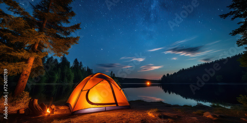 Starry Night Adventure: Camping in the Illuminated Forest, A Beautiful Landscape Embraced by Dark Summer Skies.