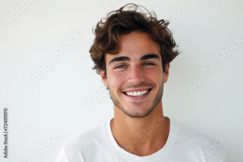 Portrait of a handsome young man smiling at the camera while standing against white background