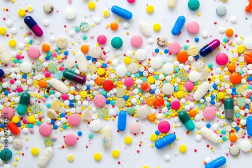 Scattered colorful pills/drugs against white background
