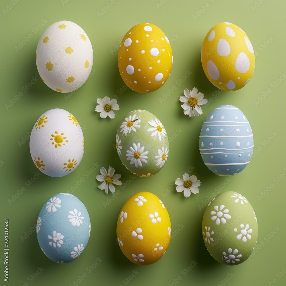 Decorative Easter Eggs with Spring Flowers. 
Colorful painted Easter eggs adorned with patterns, accompanied by vibrant spring flowers on a color background.
