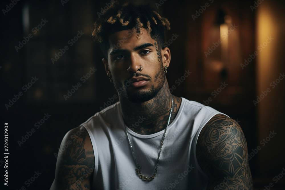 Generative ai photo of handsome man with tattoo on head and face Generative ai photo of handsome man with tattoo on head and face