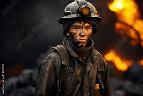 Generative AI portrait of a professional worker mining on a mine background © deagreez