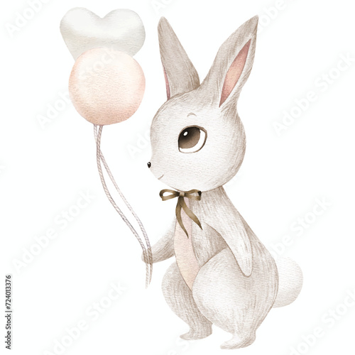 Watercolor illustration of cute bunny, rabbit, hare with pink, heart balloon. Brown set of cutie animal portrait in pastel colors with skirt, collar, bow. Stickers, wall art, kids room decor, easter