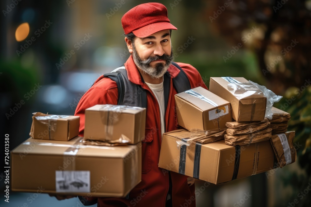 A bearded man with strength and determination carries multiple boxes on his back. A bearded man with strength and determination carries multiple boxes on his back.