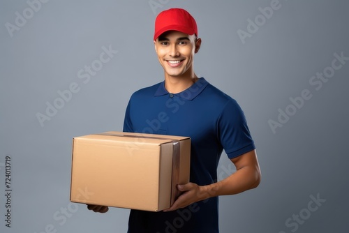 A man holding a cardboard box with a smile on his face.