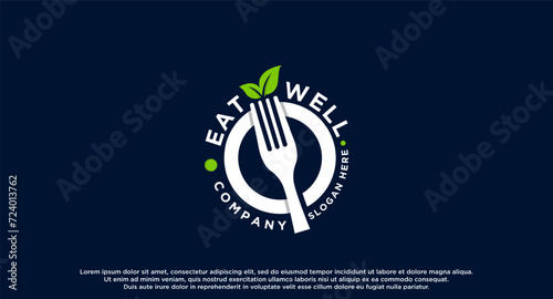 Fork And plate with leaf for healthy food or salad bar logos. Logo design template element.