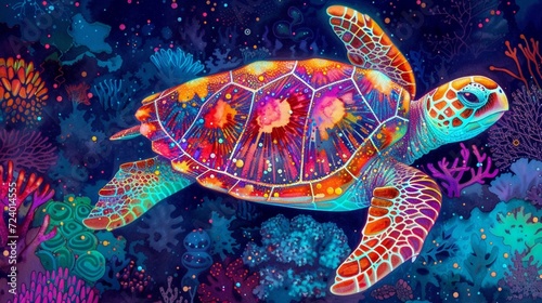 Graceful Sea Turtles: A Symphony of Ornate Patterns and Intricate Designs Beneath the Waves.