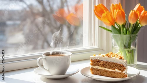 Slice of Carrot Cake with a Cup of Coffee next to a Window with Flowers photo