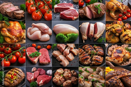 Food collage of various fresh meat and chicken