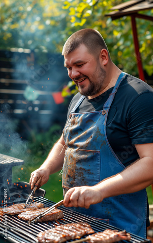A man busy at the barbecue on a day of celebration. Chubby and joyful