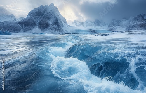 Massive ice glaciers cover a vast glacial sheet surrounded by towering mountains in a stunning frozen landscape, glaciers and icebergs image