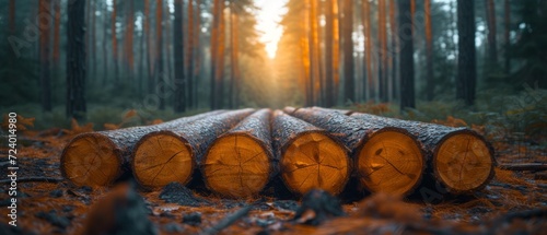 Wood logs scattered in the forest, deforestation and logging image