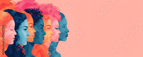 Womens History Month. Women's day. Poster with different women. 8 march, Women's day celebration banner, 8 march, multiple women faces graphic illustration, pink background. Generative AI © HayyanGFX
