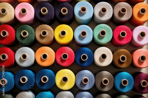 A collection of various spools of thread lined up next to each other, showcasing a spectrum of colors and thread types.