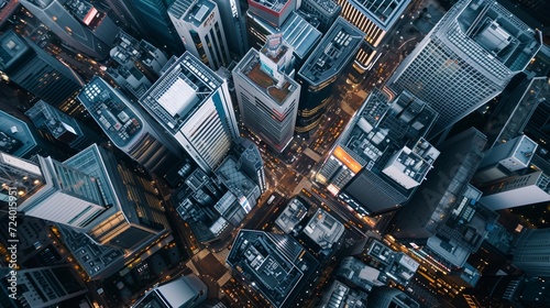 Aerial Shot of Bustling Cityscape with Skyscrapers and Traffic