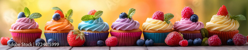 Roll of colorful cupcakes with berry fruits on the wooden table in colorful natural background with sun light flare at morning time. Banner