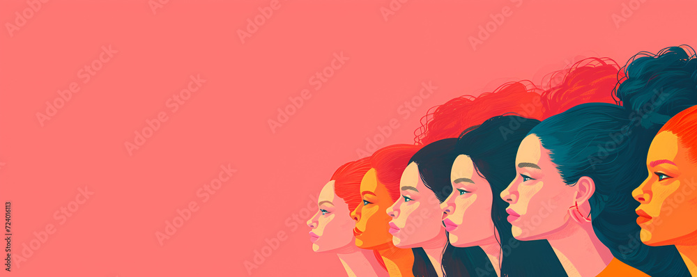 Womens History Month. Women's day. Poster with different women. 8 march, Women's day celebration banner, 8 march, multiple women faces graphic illustration, pink background. Generative AI