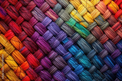 A brightly colored basket made of yarn, showcasing a beautiful blend of vivid hues.