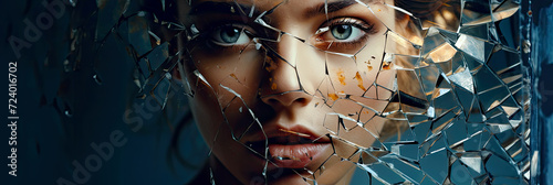Cryotherapy banner. Concept of cold treatment in physiotherapy, cosmetology, slowing down aging, prolonging youth. Beautiful young woman with clean fresh skin looking through a broken ice. photo