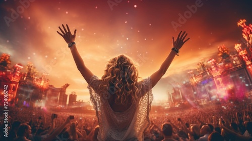A woman confidently stands before a spirited crowd at a concert, her poised presence capturing the energy and excitement of the event.