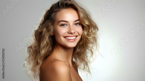 Beautiful woman with wavy hair smiles and enjoys flawless glowing skin with copy space for your advertisement. Skin care. Generative AI.