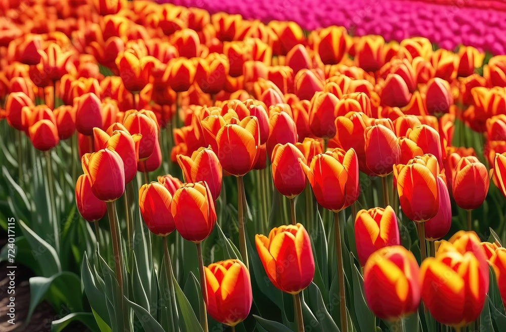 Colorful tulip flowers bloom in the spring  field. Beautiful tulips background