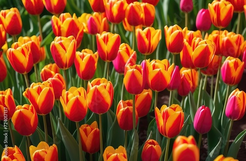 Colorful tulip flowers bloom in the spring  field. Beautiful tulips background