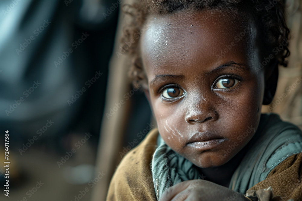 Close up portrait of young dark skin poor african child in street slums Close up portrait of young dark skin poor african child in street slums