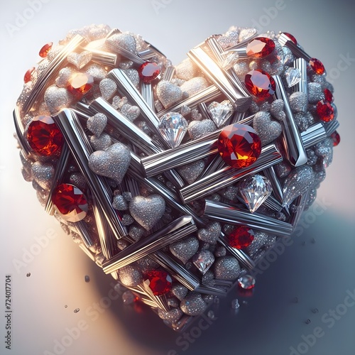 In the realm of imagination, a heart takes form with the richness of red gems and miniature hearts sculpted in platinum. This 3D creation is a visual poetry of opulence, blending the intense allure of photo