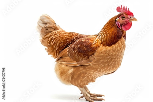 full body of brown chicken hen standing isolated white background photo