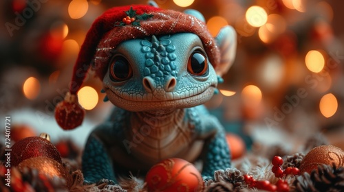  a close up of a toy lizard wearing a santa hat on top of a bed of christmas decorations with lights in the background and a christmas tree in the background.