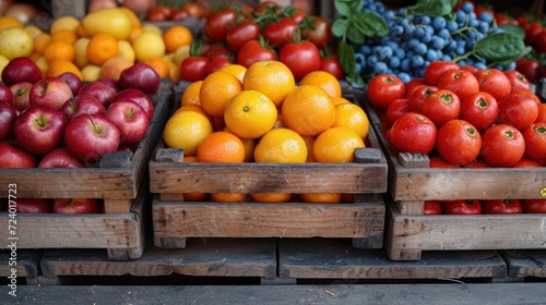  apples, oranges, grapes, and other fruit are in wooden crates on display at a farmer's market in the united states of indiana, united states.