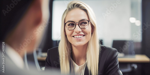 Portrait of attractive blondie haired female entrepreneur smiling to her colleague on office indoor background. Confident businesswoman. Web banner template.