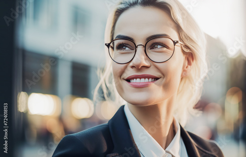 Beautiful confident businesswoman with blonde hair wearing glasses and smiling to her colleague. Outdoor city street background.