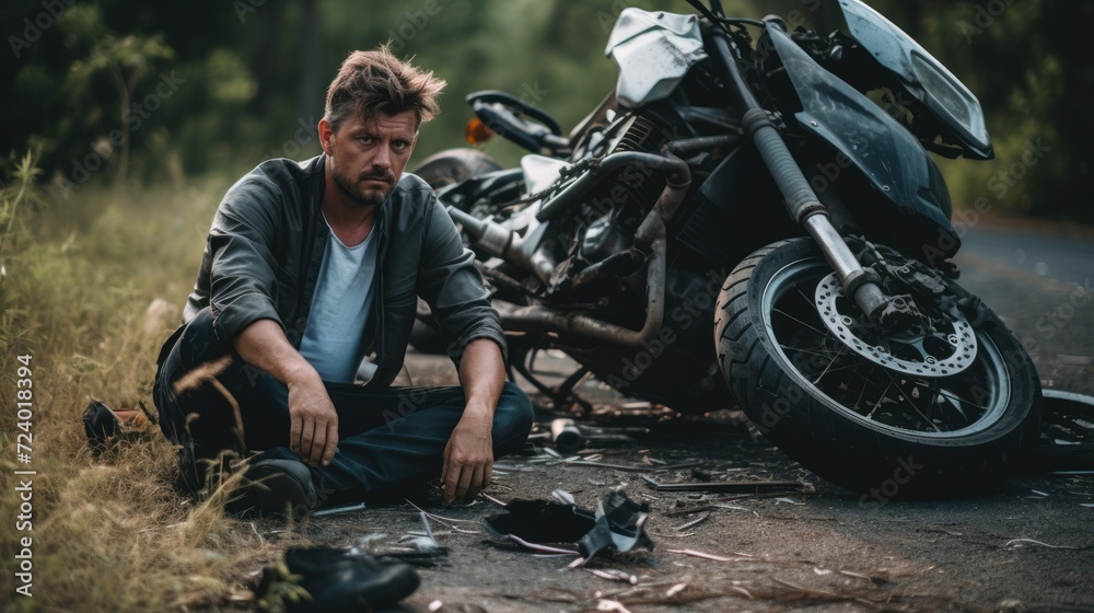 Road accident. Man and a broken motorcycle. Road accident. Man and a broken motorcycle.