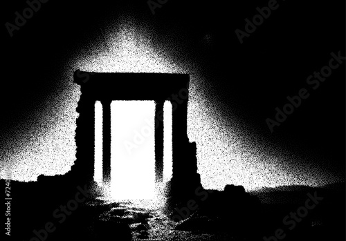 Ancient ruins in sci-fi scene with dotwork retro style. Mysterious gate debris with dramatic lights and retro texture