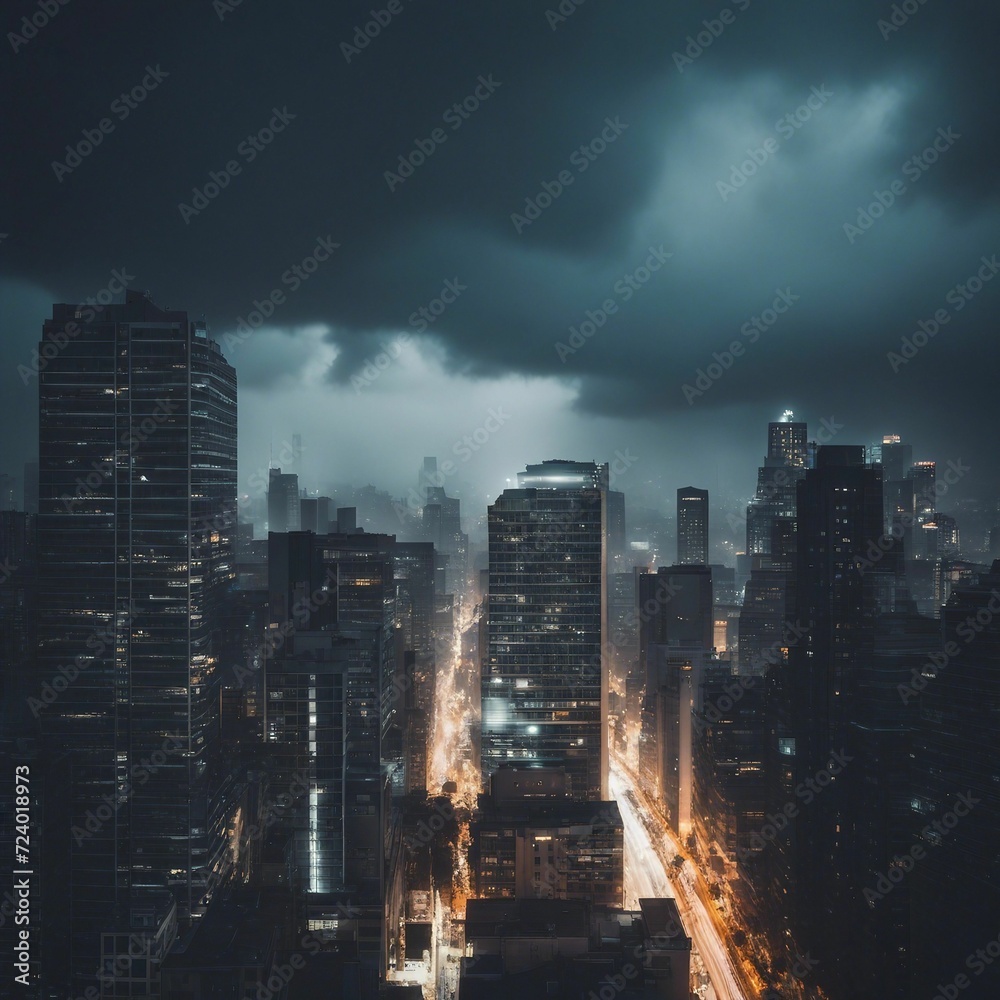 Fototapeta premium Night Glow: An Enchanting Cityscape with a Dark Sky Captivating the Urban Beauty at Night