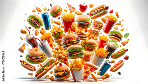 different fast food flying on isolated background