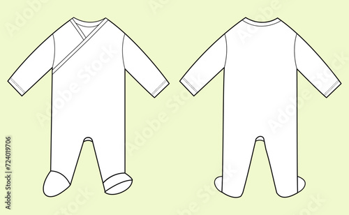 Baby and Kids Long Sleeve Onesie Flat Sketch, Romper Vector Fashion Illustration: Black and White View.