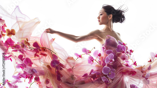 Beautiful young woman dancing with orchid flowers. photo