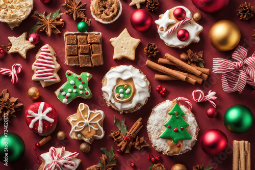 Christmas treats arranged on a festively decorated surface.