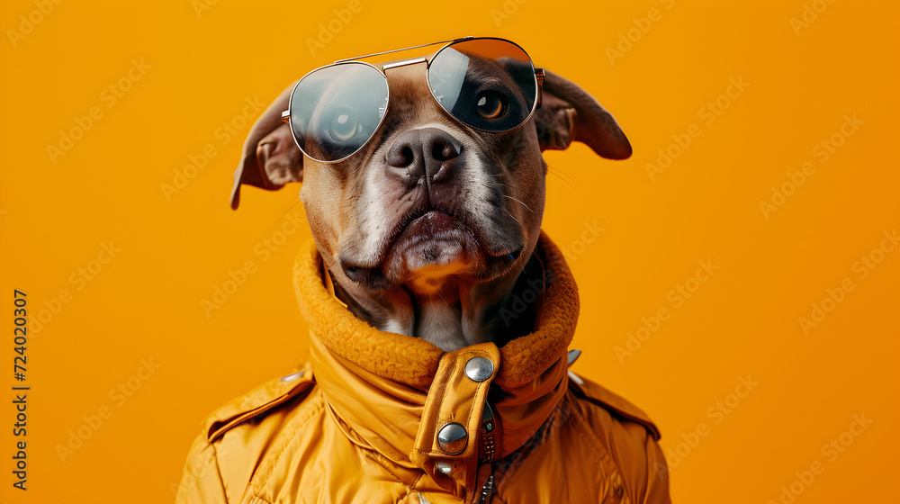 Curious Dog Looking at Itself in Glasses over an Orange Background