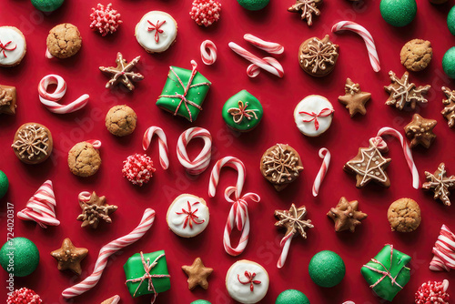 Christmas treats arranged on a festively decorated surface.