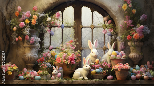 Easter decorations, rabbit and eggs for Easter on the background of a spring window
