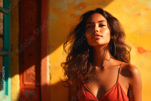 hispanic attractive young girl, looking away over a yellow wall at golden hour © Favio
