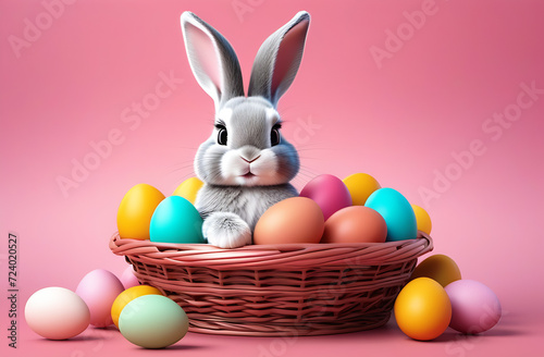 Easter bunny sits next to a basket with colorful eggs © Tatiana