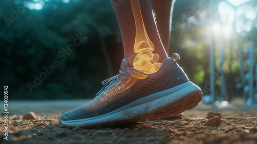 Person walking outside sprained ankle with pain highlighted bones and joints  photo
