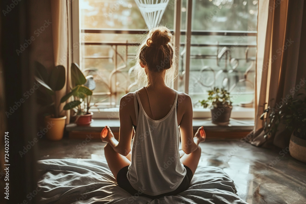 woman meditating in yoga position	
