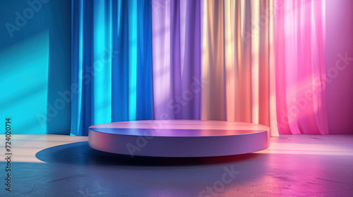 Vibrant Holographic Podium with Colorful Spectrum Curtains Background
